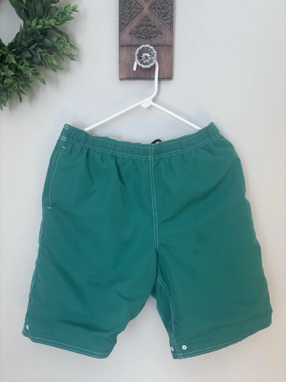 Lands' End Mens Size M Reversible Swim Trunks Green Yellow Floral Pockets